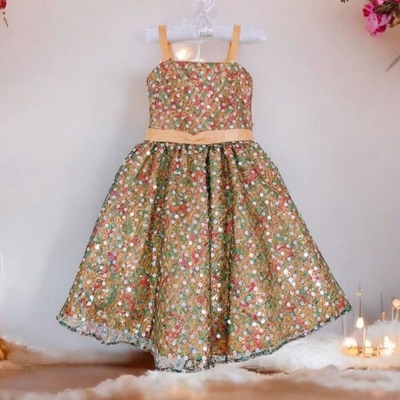 Sophia Sewing Girls Dress 2 – Gold Sequin Satin & Tulle Party Gown w/ Bow | EUC - Picture 4 of 16